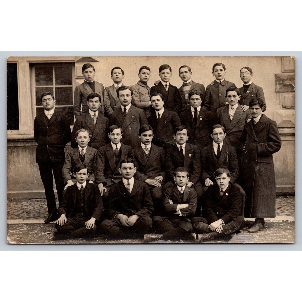 Antique French RPPC Postcard School Boys Class Photo Men Suits Uniforms c1910s